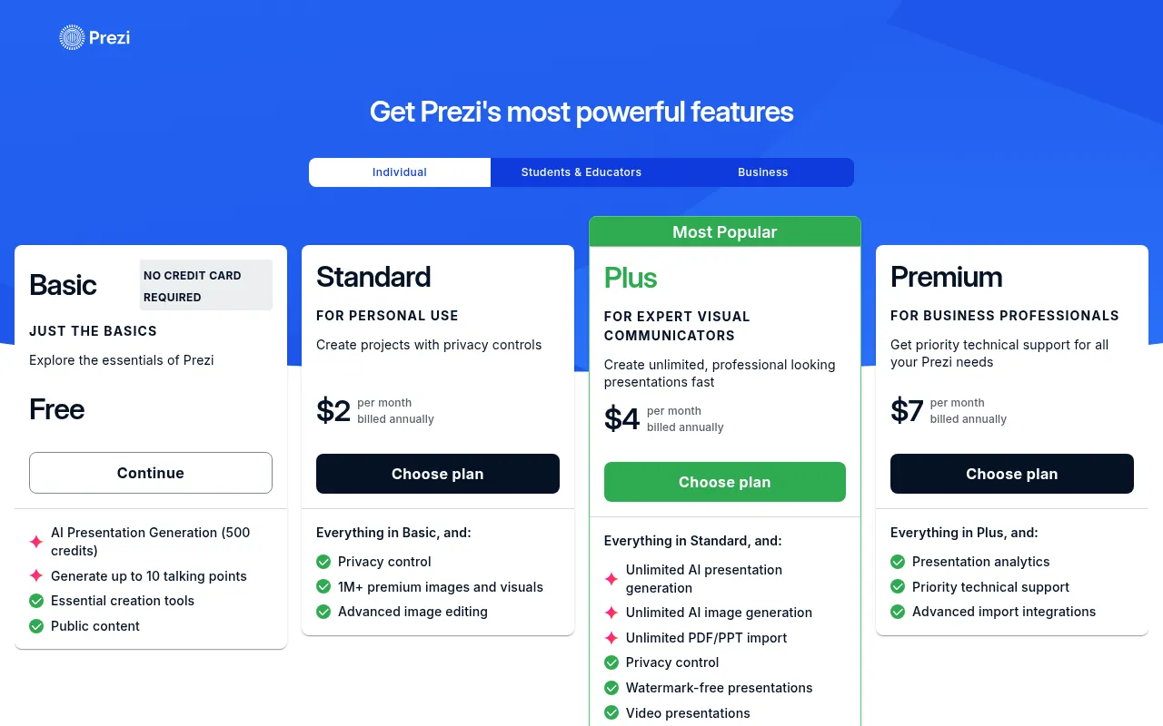 Prezi pricing page for current plan options