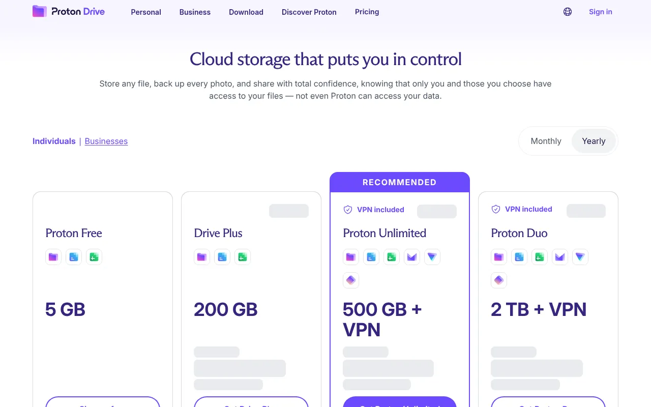 Proton Drive pricing page showing the free plan with 5 GB of storage