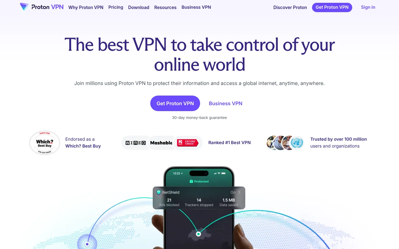 Proton VPN official homepage as seen from India