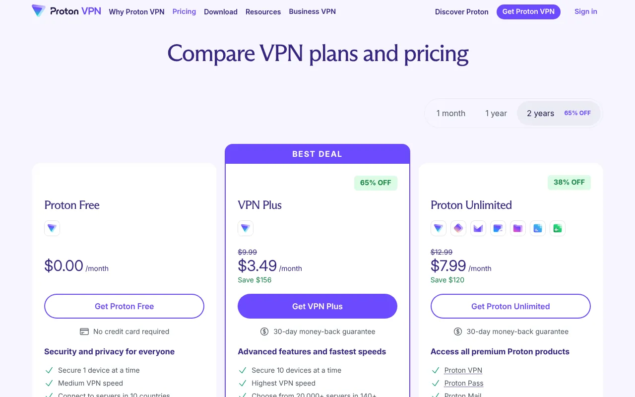 Proton VPN pricing page in India showing VPN Plus and Proton Unlimited