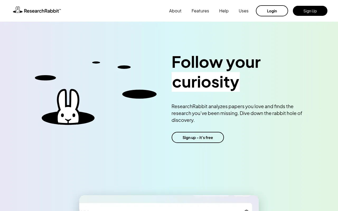 ResearchRabbit homepage, an AI tool for literature discovery