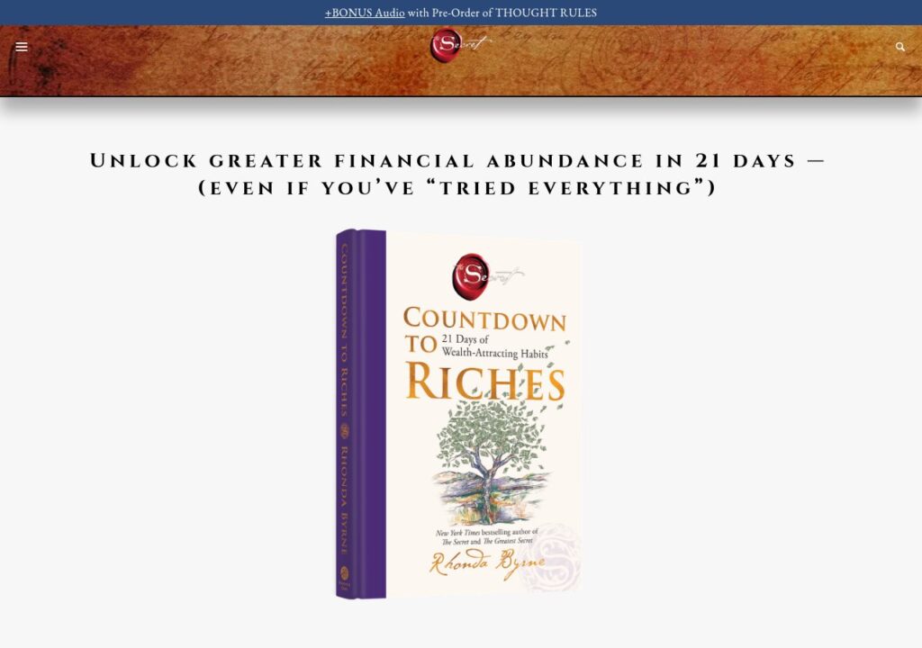 Countdown to Riches book page on The Secret website, one of the newer books adding to Rhonda Byrne net worth