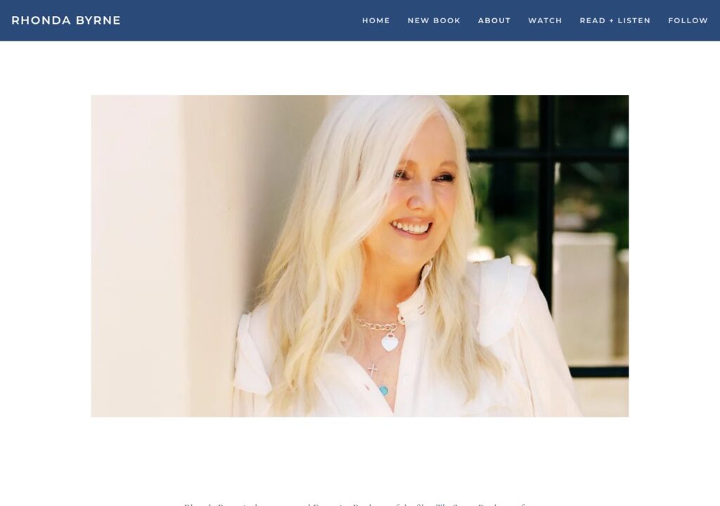 About page of Rhonda Byrne's official website with her portrait, the hub of the brand behind Rhonda Byrne net worth