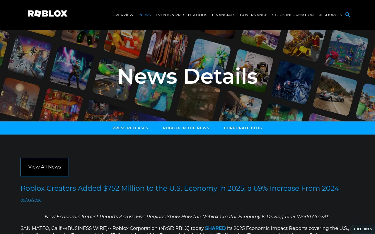 Roblox creator economic impact official press release
