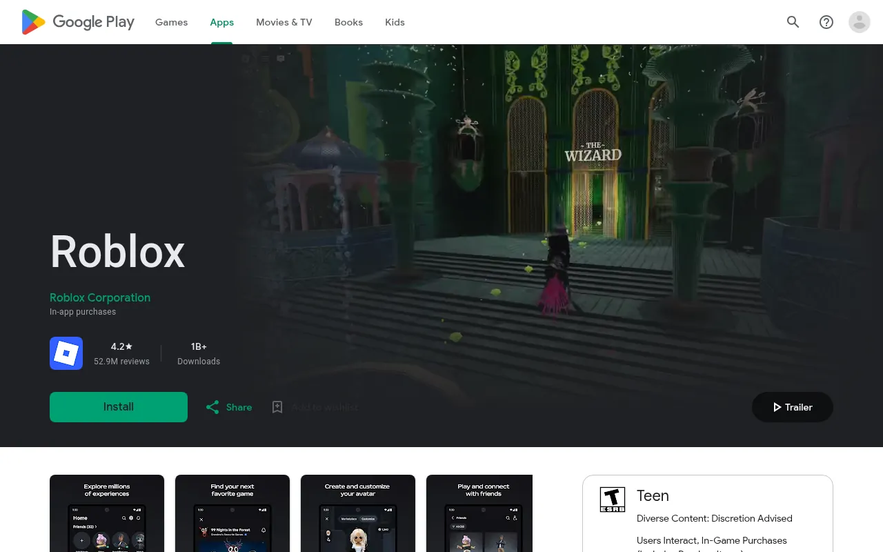 Roblox Google Play listing showing 1 billion plus downloads
