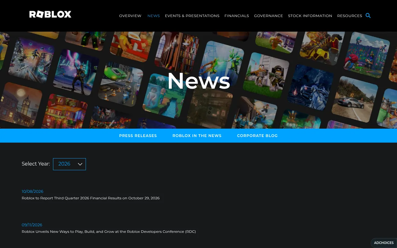 Roblox investor relations news page with earnings dates