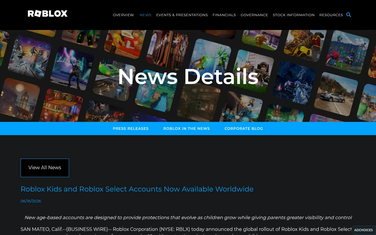 Roblox Kids and Roblox Select age-based accounts official announcement