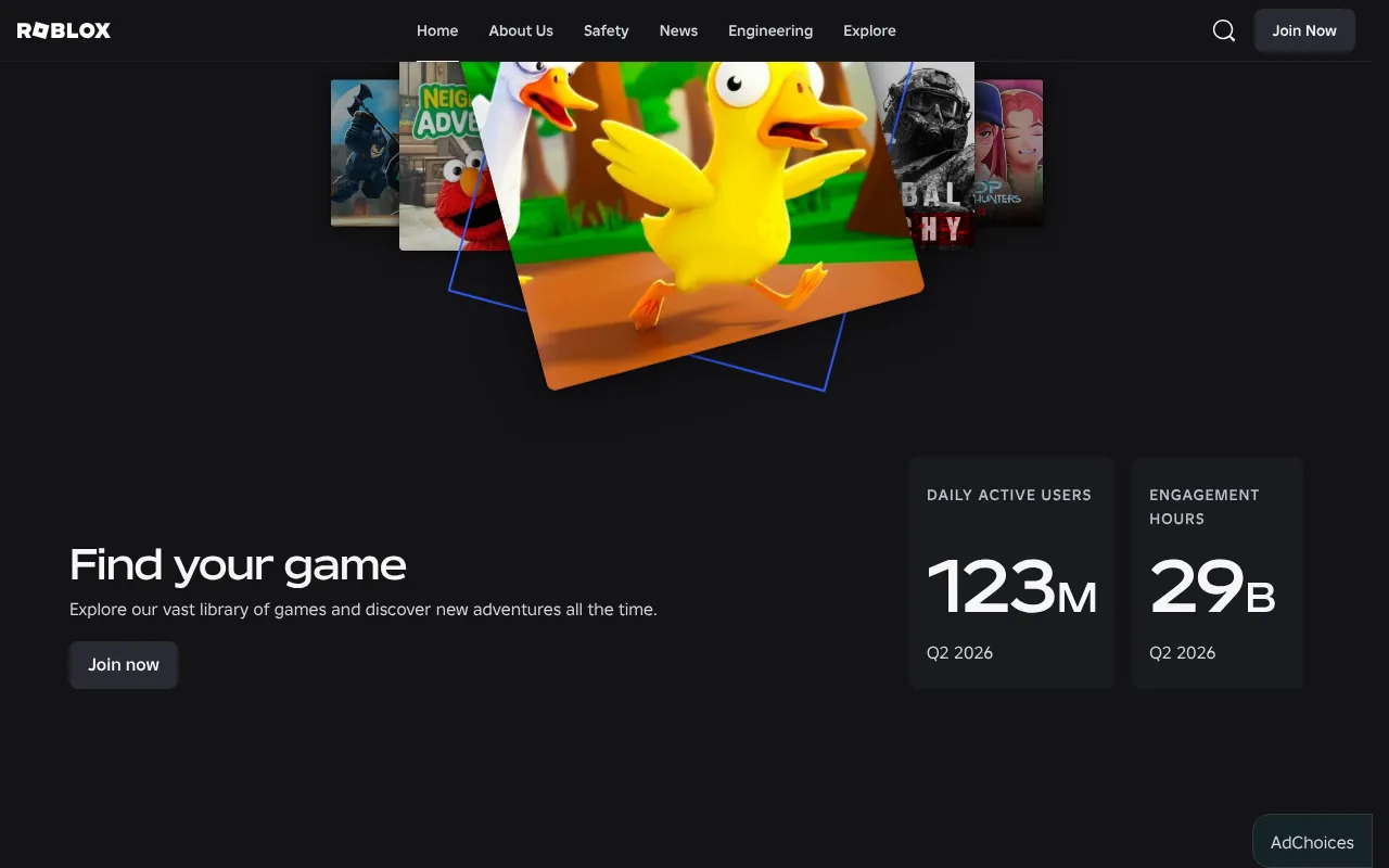 Roblox official About page showing daily active users and engagement hours