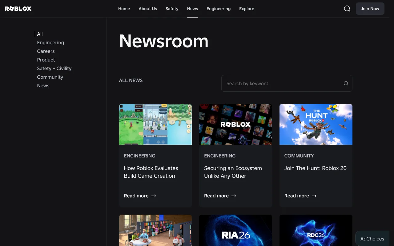 Roblox official newsroom with the latest company announcements