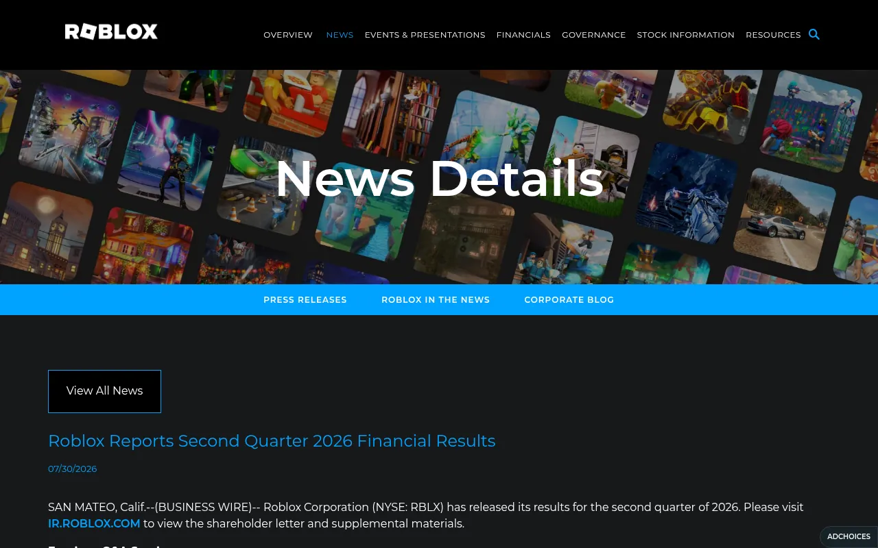 Roblox second quarter results press release on the official investor site