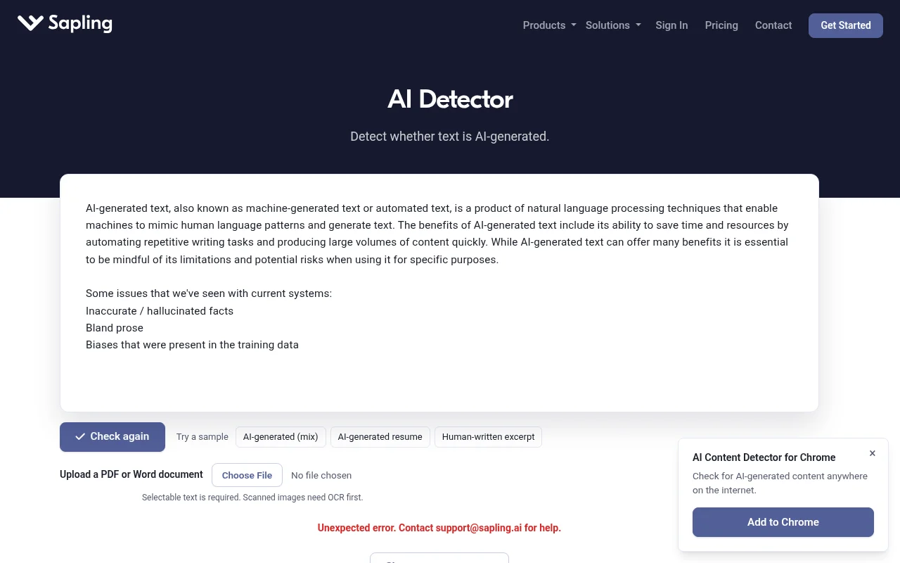 Sapling AI content detector official page