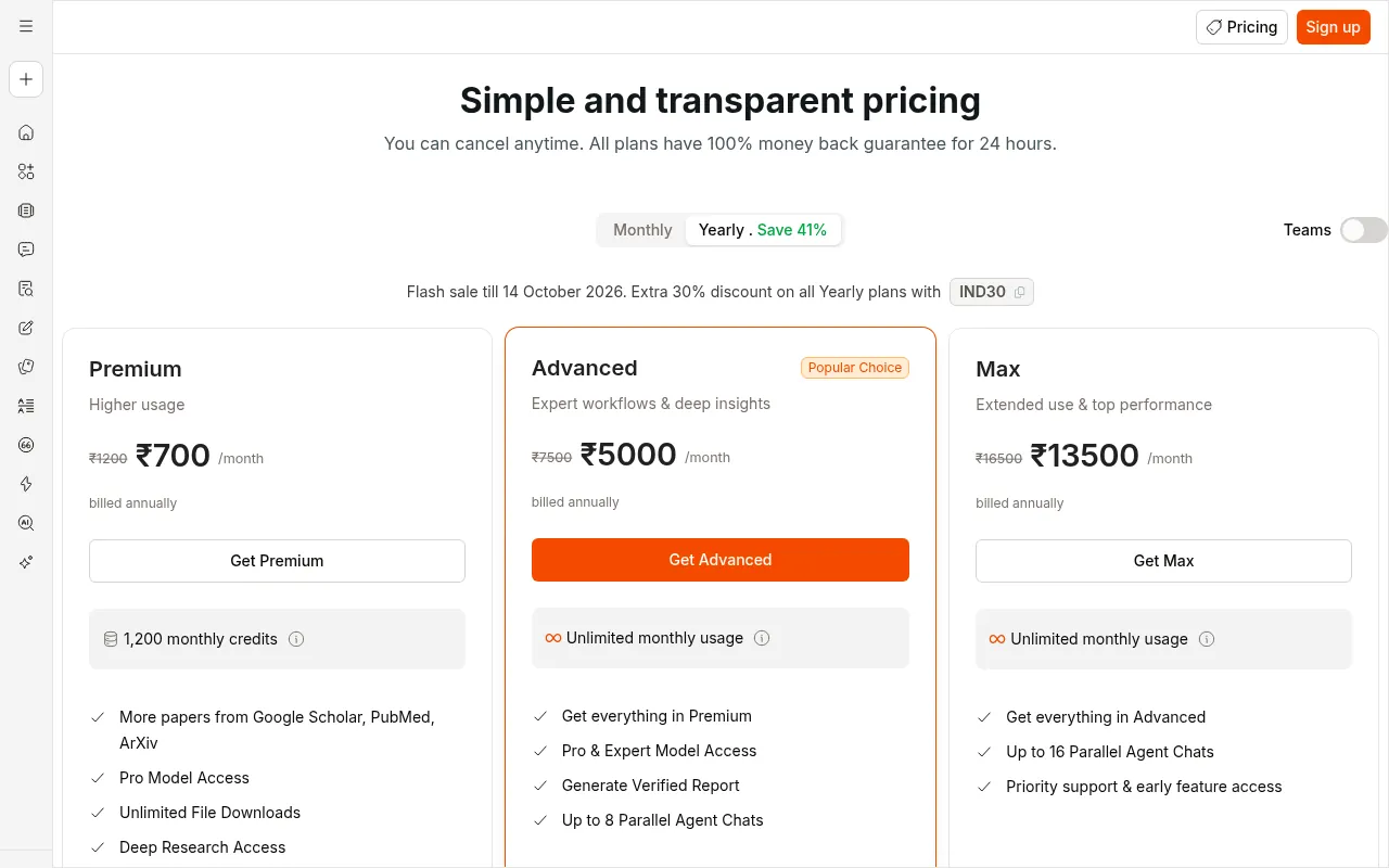 SciSpace pricing page, AI tools to read and explain research papers
