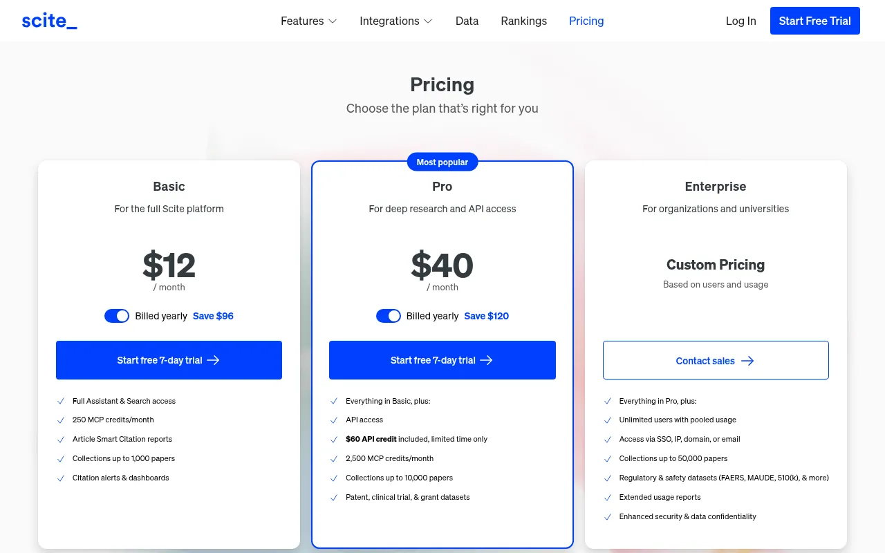 Scite pricing page, Smart Citations for research