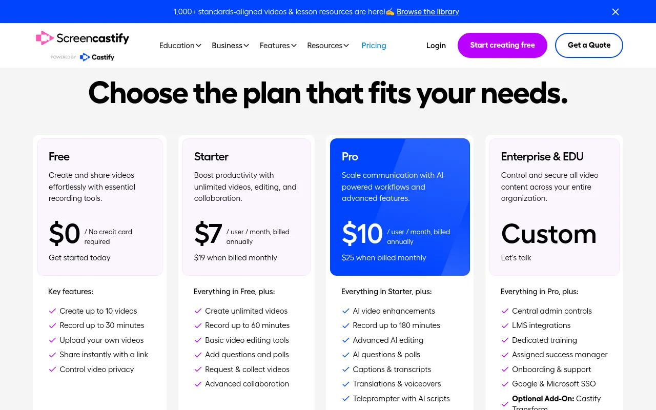 Screencastify pricing page showing the free plan with 10 videos and 30-minute recordings