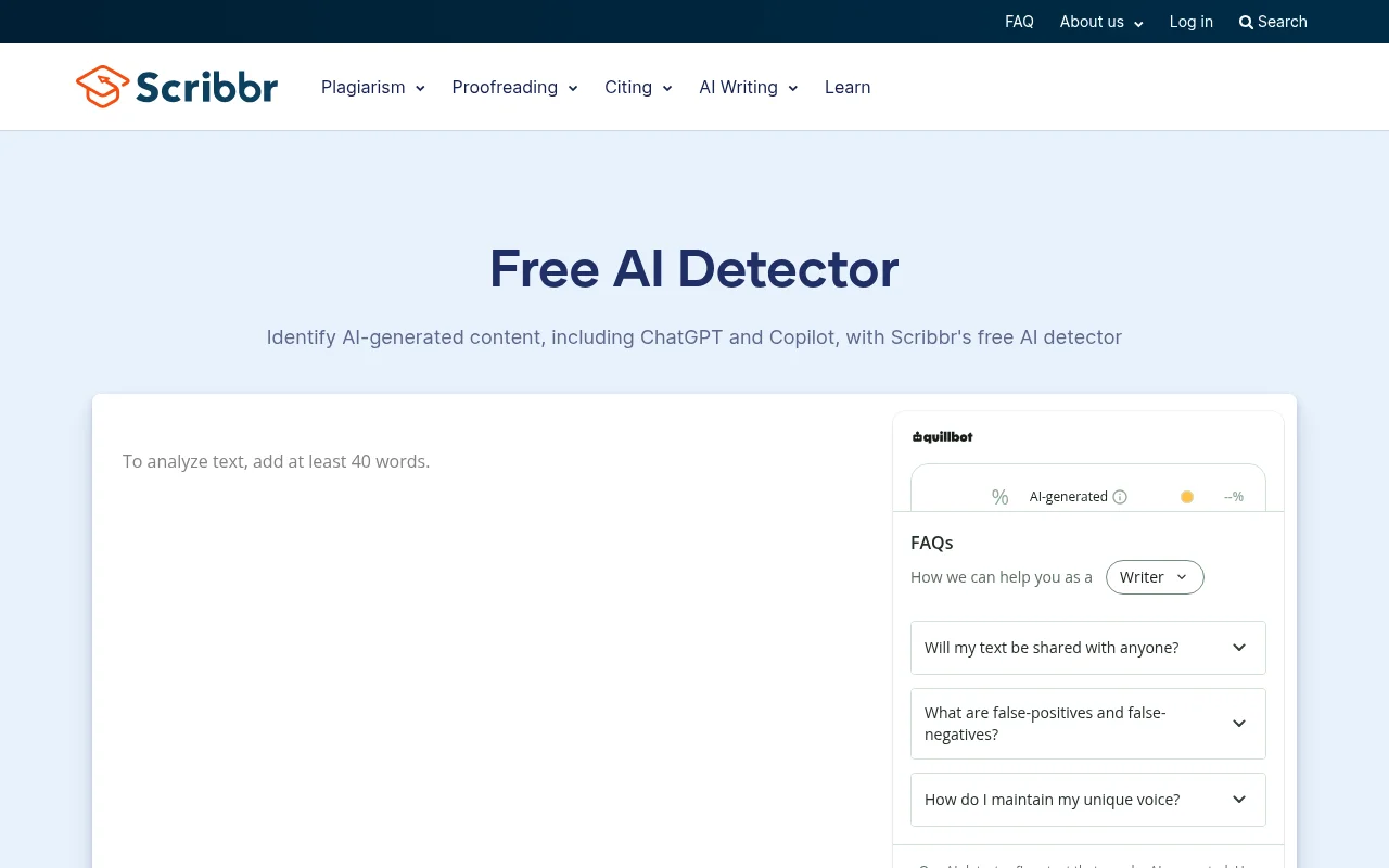 Scribbr free AI detector official page