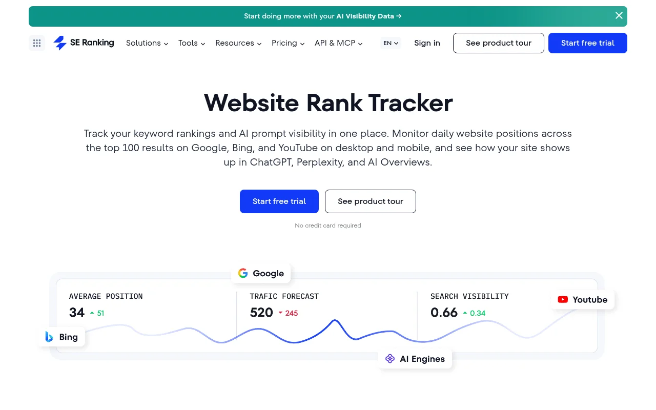 SE Ranking website rank tracker official page