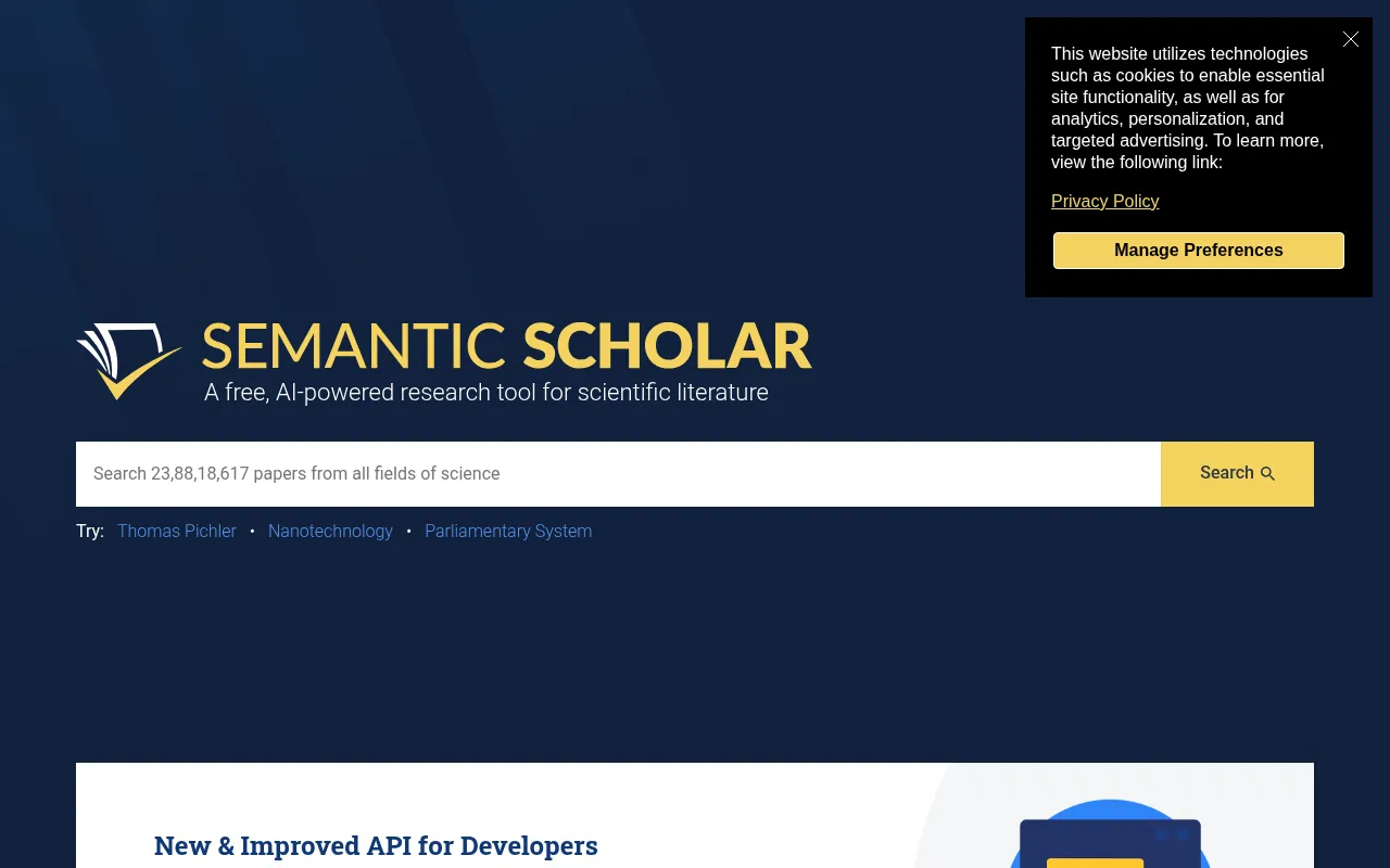 Semantic Scholar homepage, a free AI-powered research tool for scientific literature