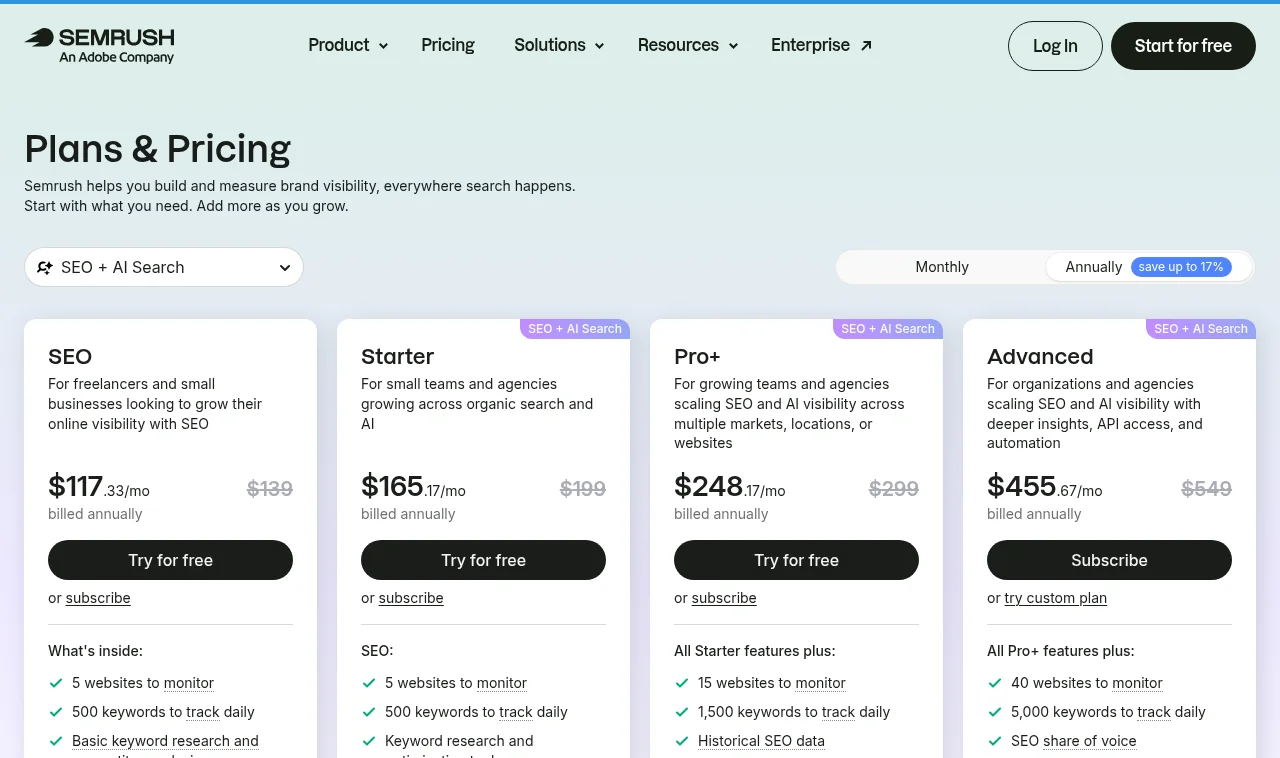 Semrush official plans and pricing page