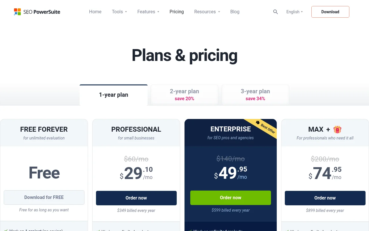 SEO PowerSuite official plans and pricing page