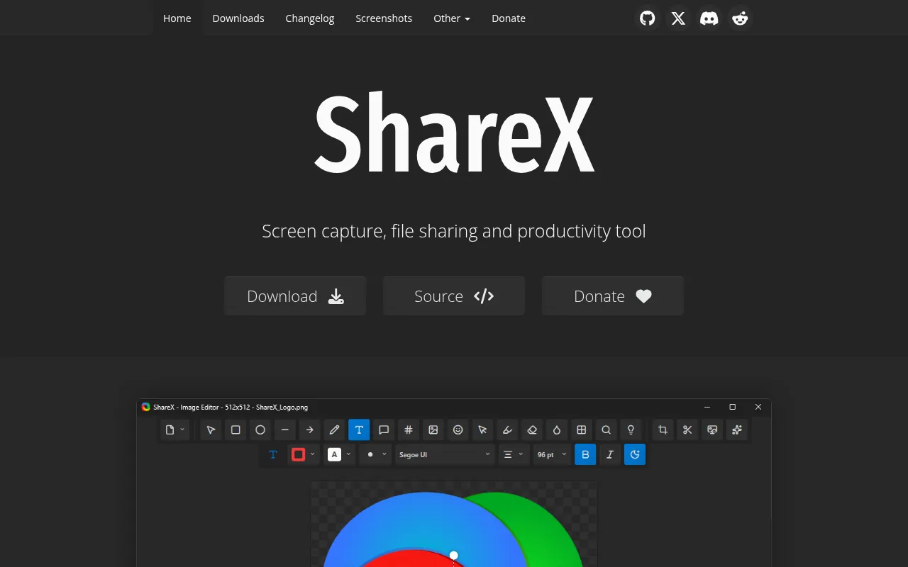 ShareX official homepage, a free open source screen recorder and screenshot tool for Windows