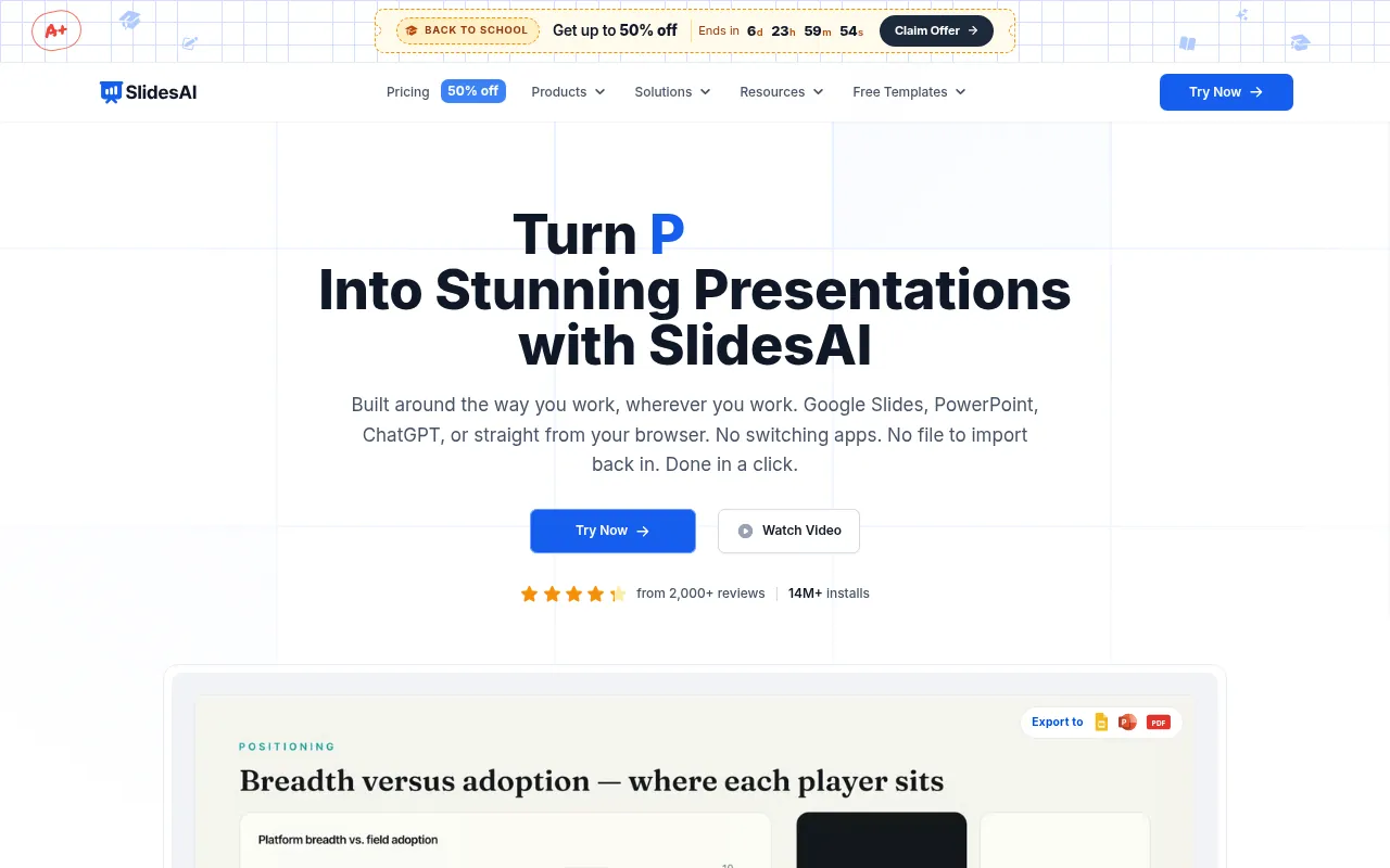 SlidesAI homepage, turn text docs and prompts into presentations
