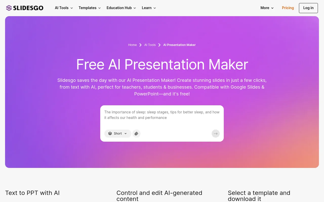 Slidesgo AI presentations page with free templates