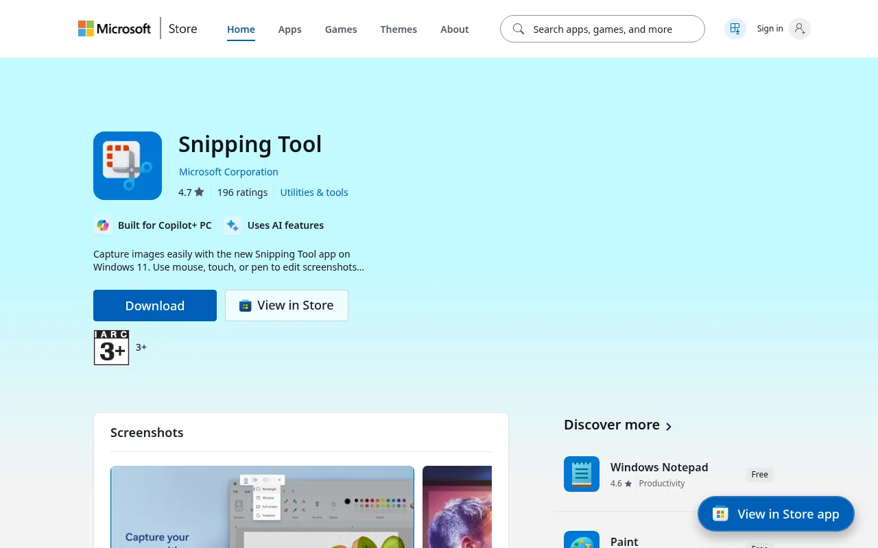 Snipping Tool on the Microsoft Store, which can record the screen on Windows 11
