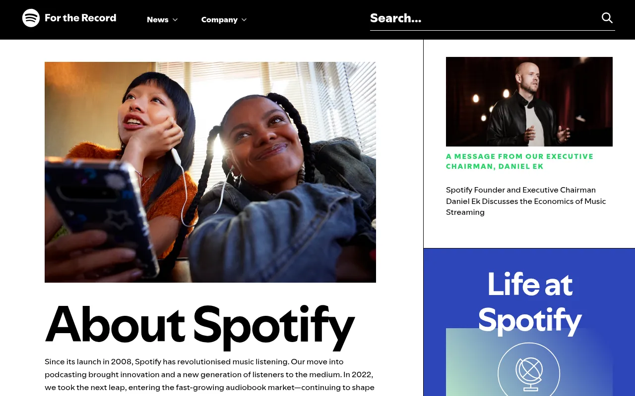 Spotify newsroom company info page with catalog numbers