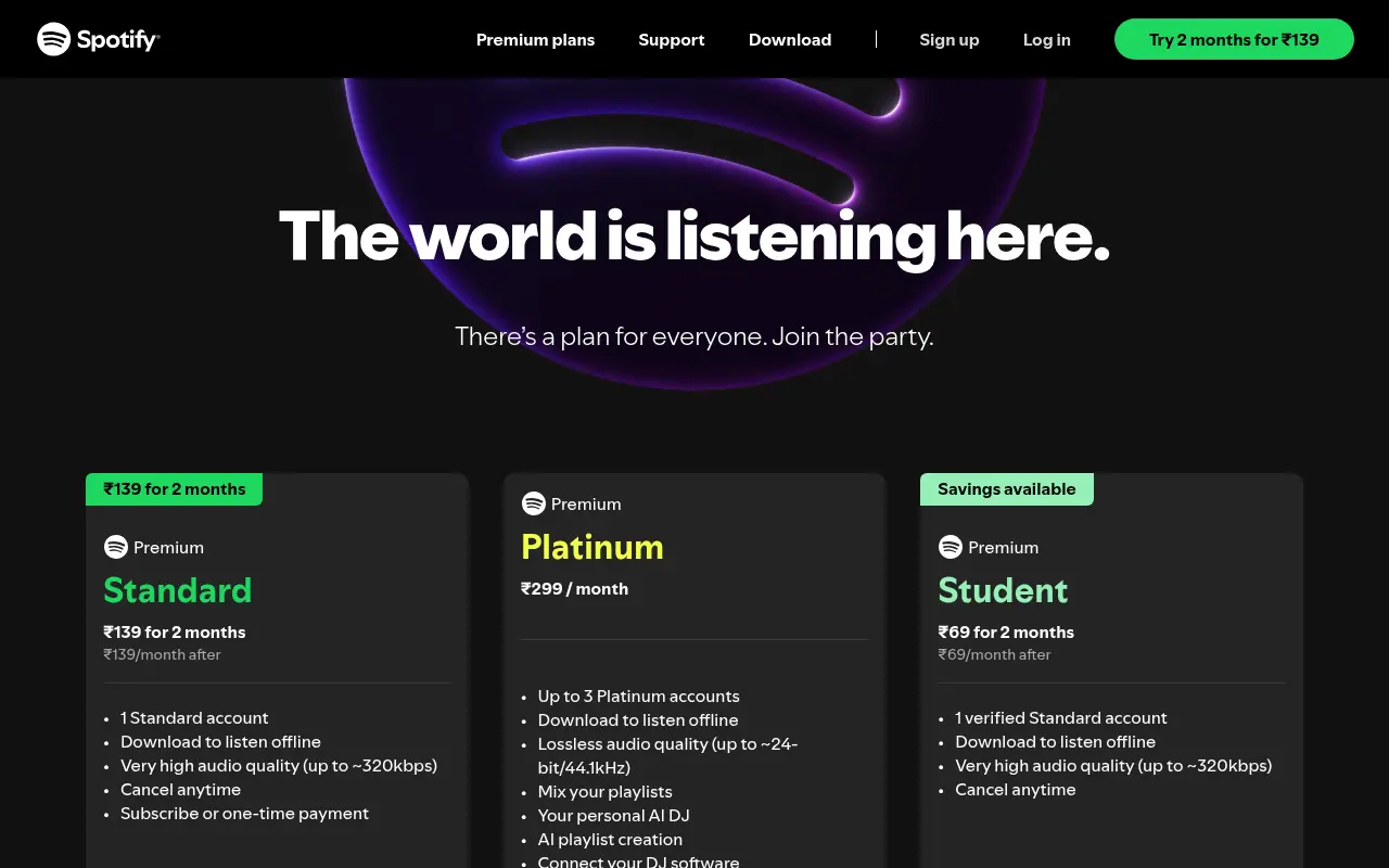 Spotify Premium plans page for India showing rupee prices