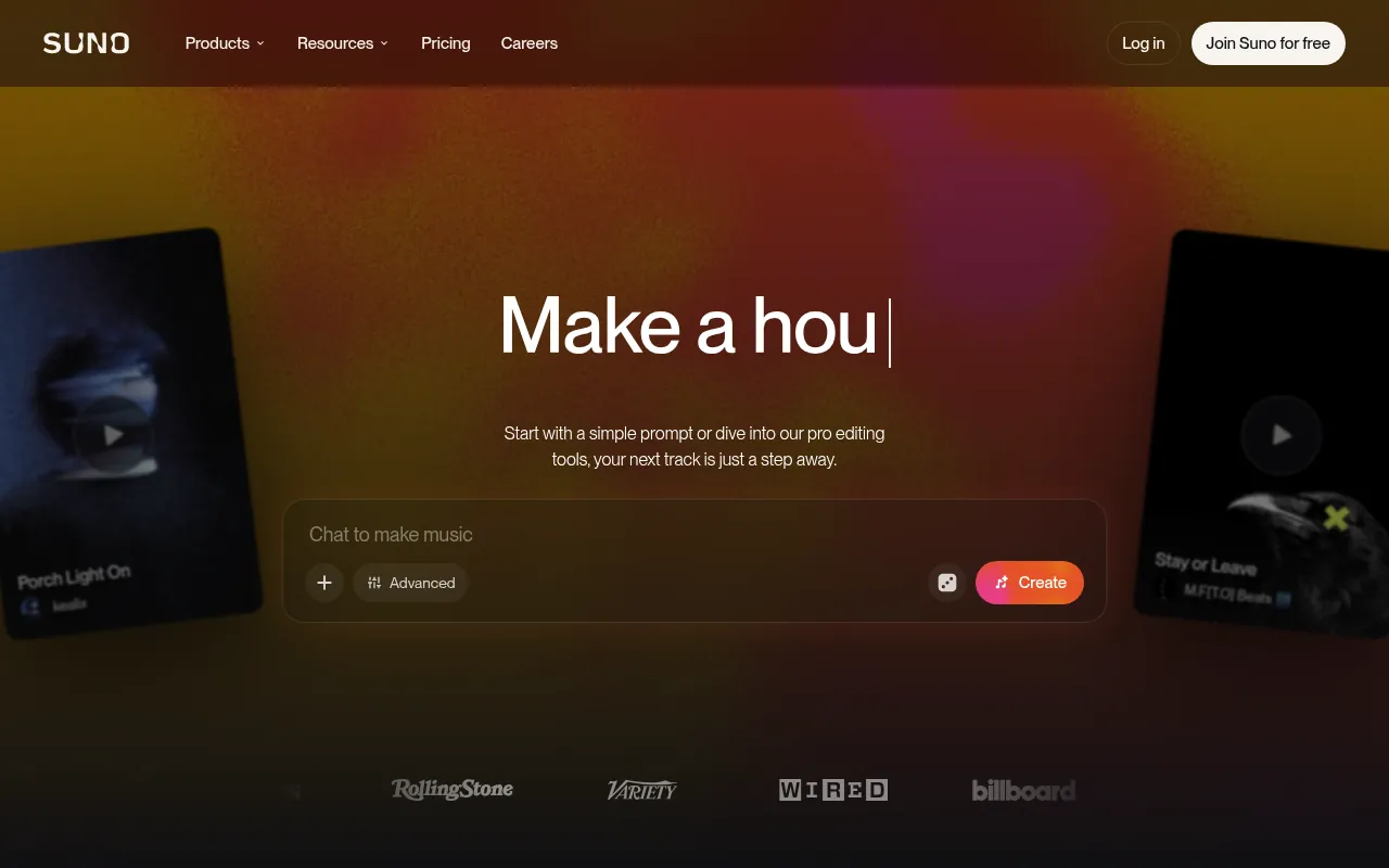 Suno official website, a free AI music app