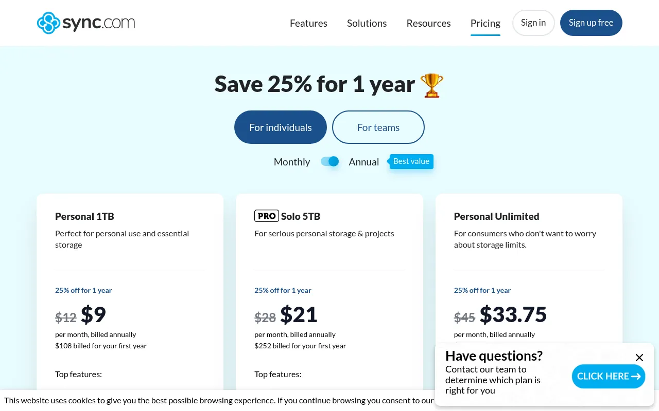 Sync.com pricing page for individual cloud storage plans