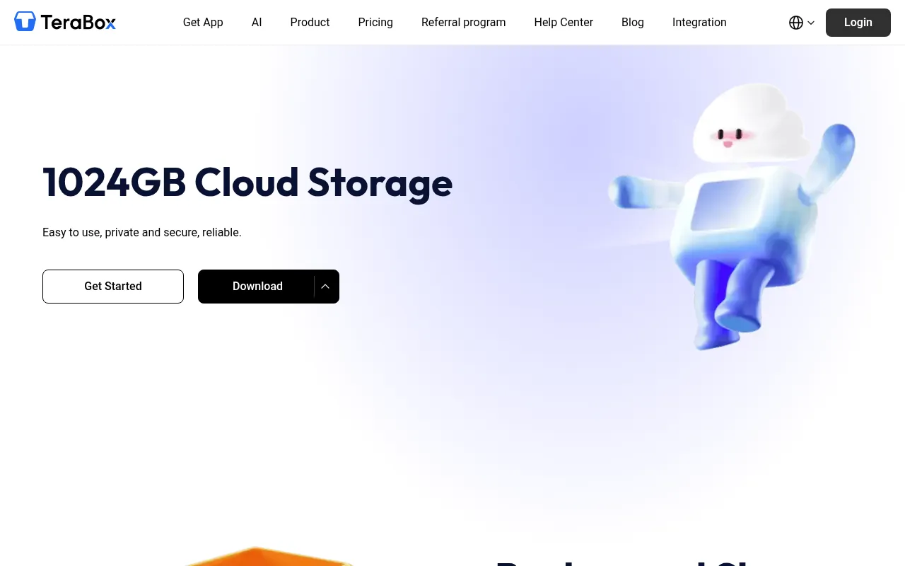 TeraBox official homepage advertising up to 1 TB of free cloud storage