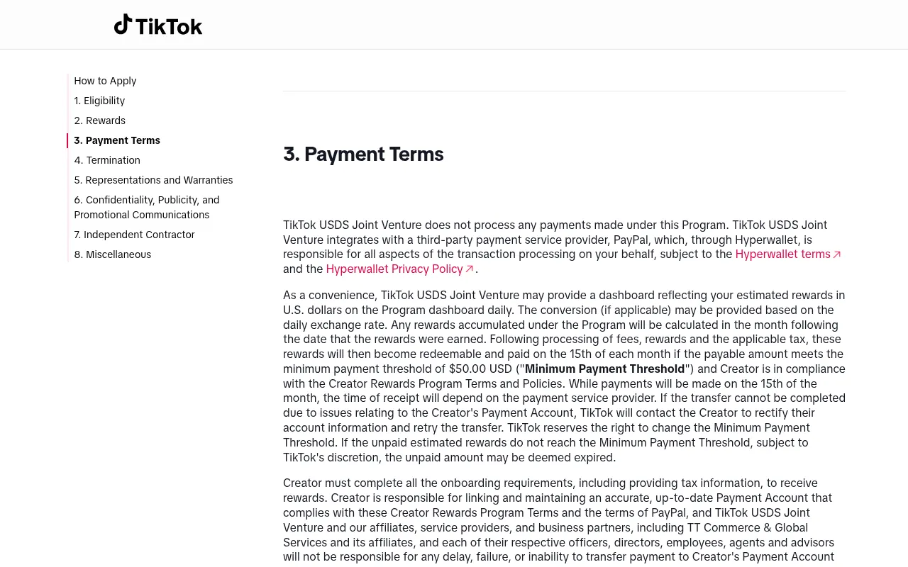 TikTok Creator Rewards Program official payment terms with 50 dollar minimum payout