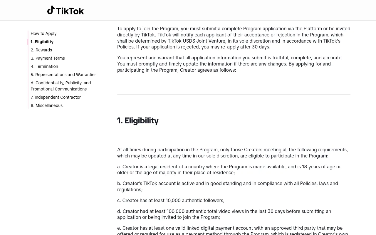 TikTok Creator Rewards Program official eligibility terms, 10,000 followers and 100,000 views