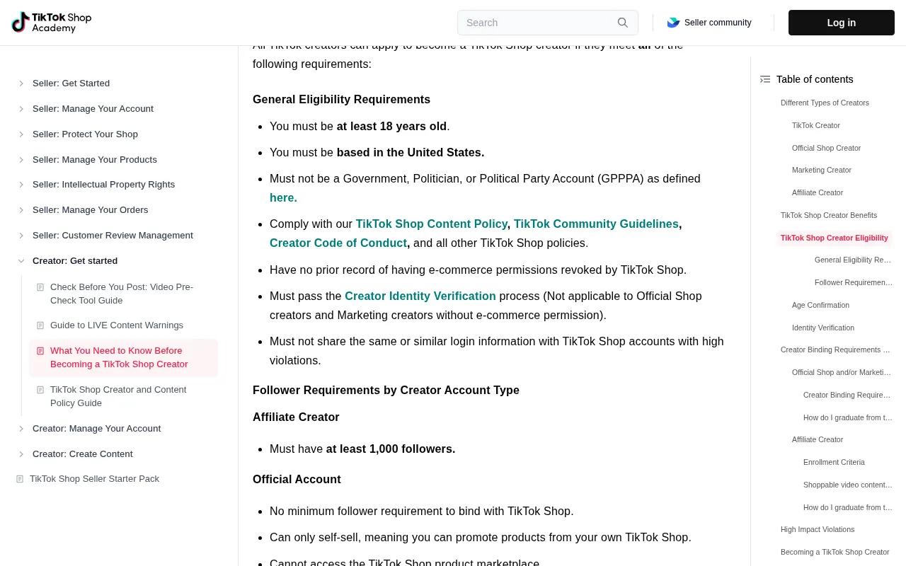 TikTok Shop official creator eligibility page showing 1,000 follower requirement