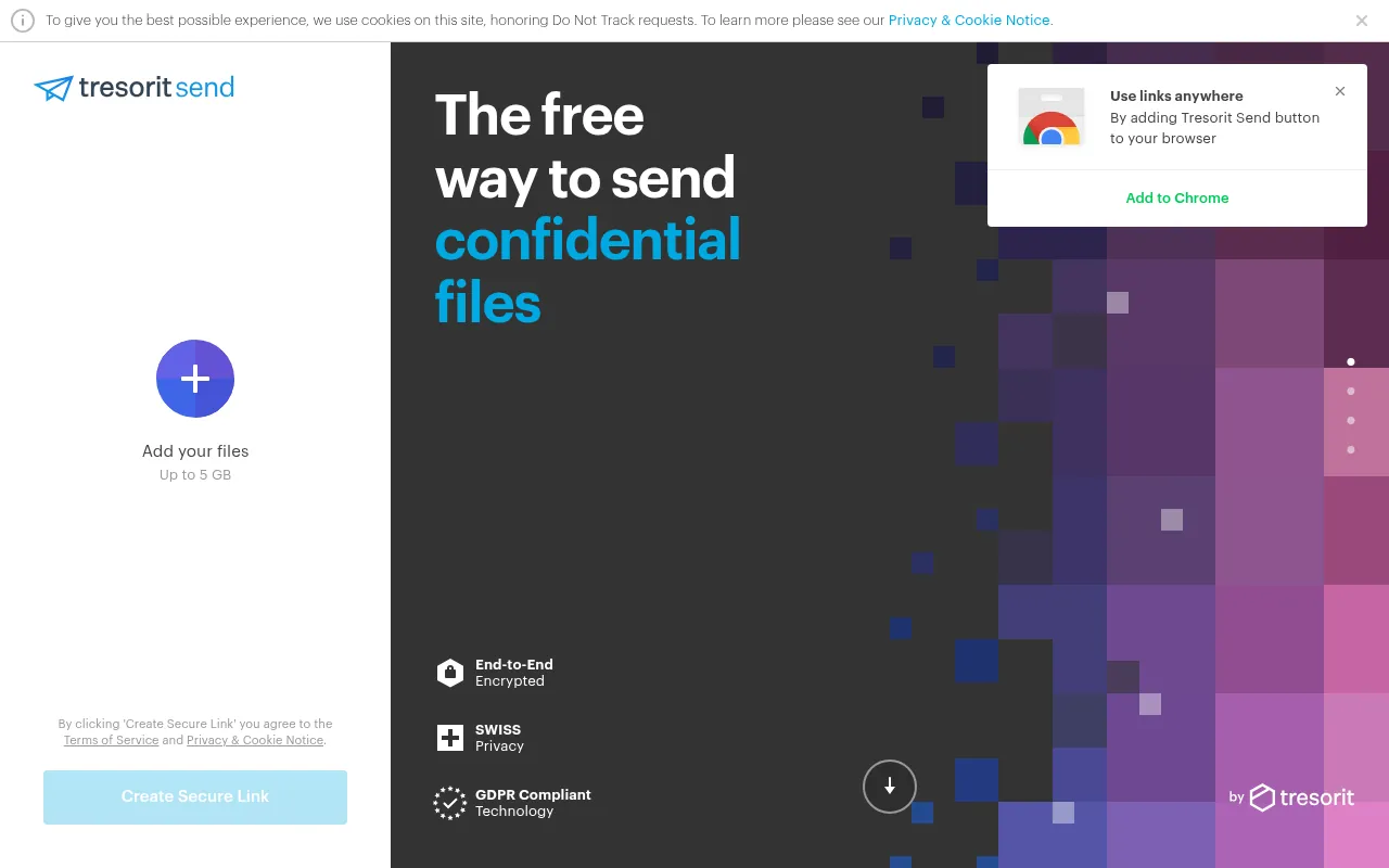 Tresorit Send page, a free encrypted way to send files up to 5 GB