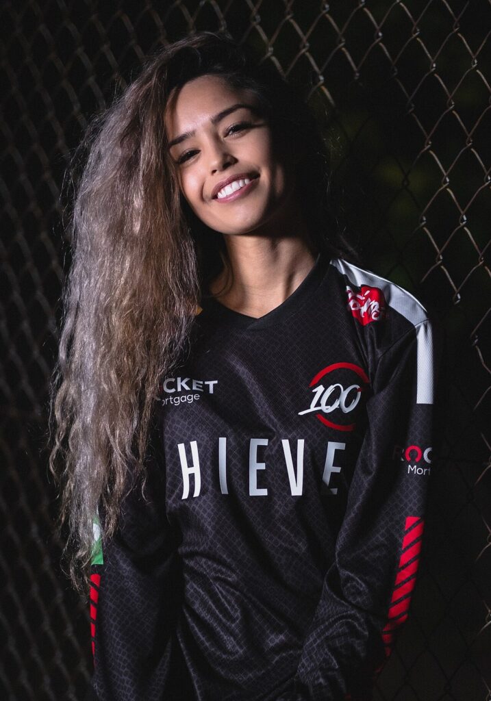 Valkyrae in 100 Thieves jersey, co-owner equity that builds her net worth