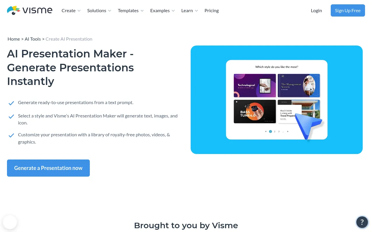 Visme AI presentation maker page