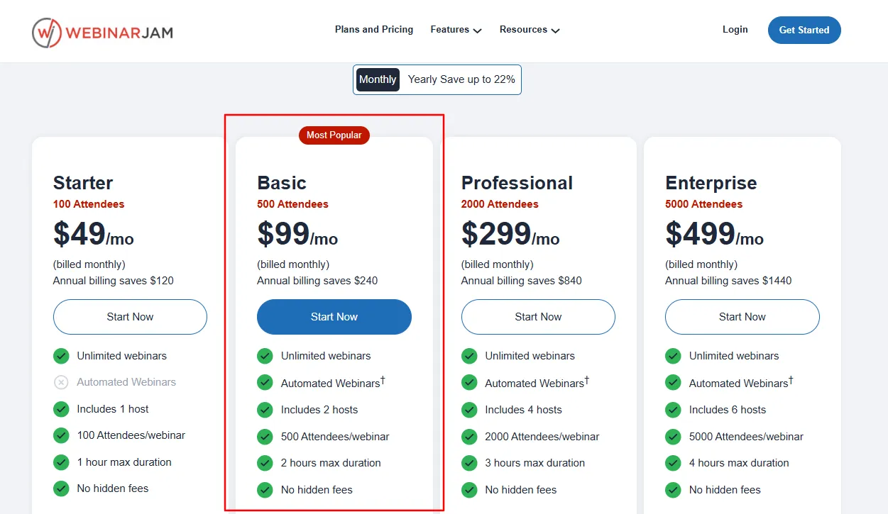 WebinarJam Basic Pricing