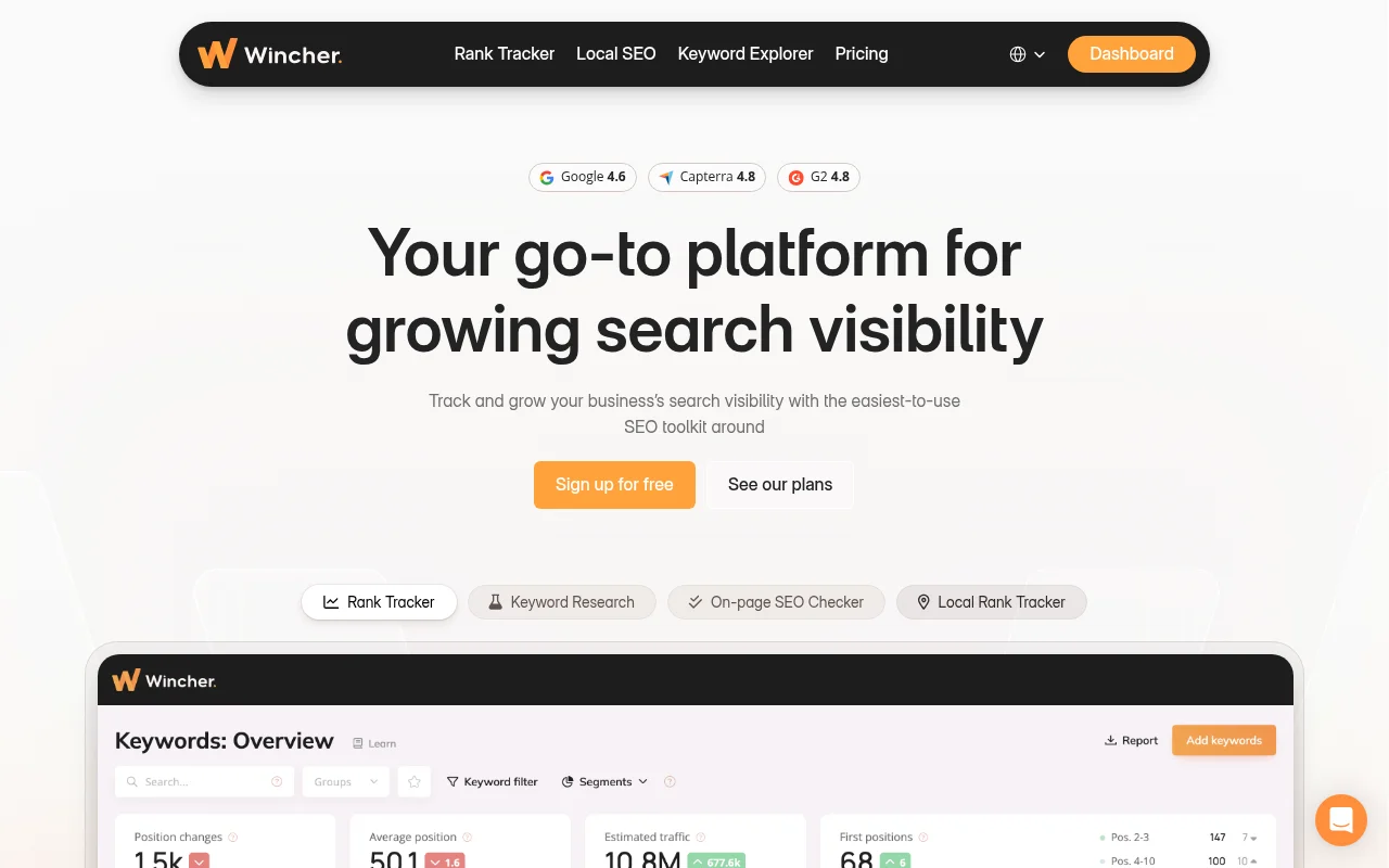 Wincher rank tracker official homepage