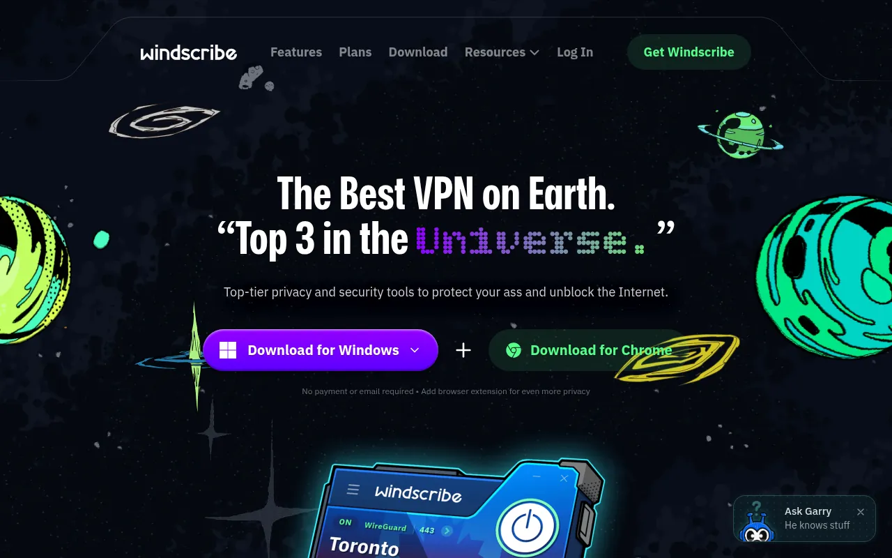 Windscribe official homepage as seen from India
