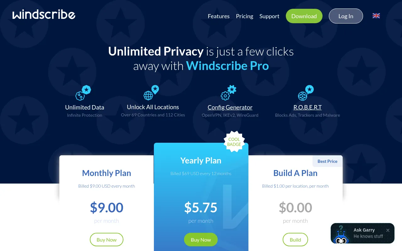 Windscribe pricing page showing Pro monthly, yearly and Build-A-Plan options
