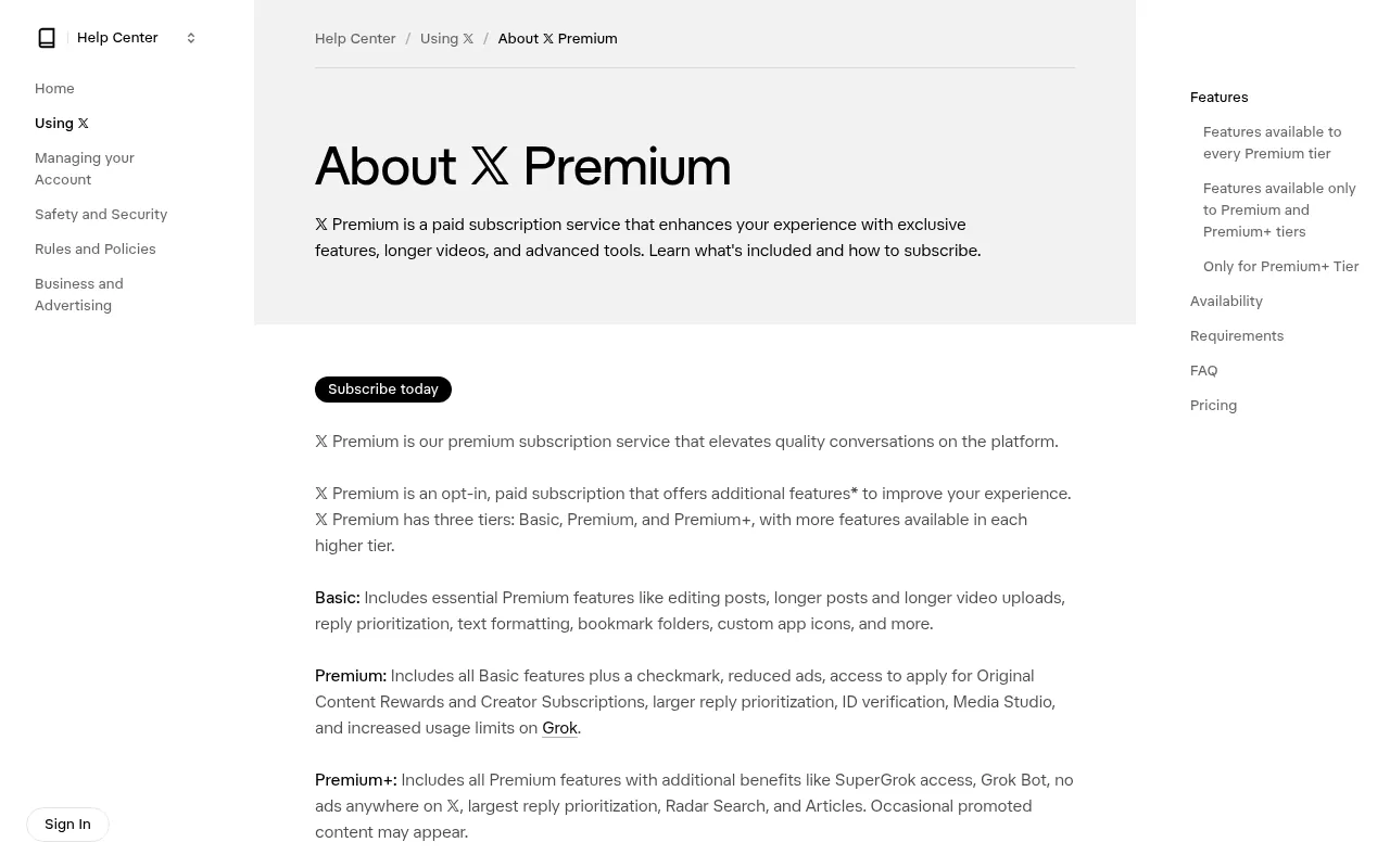 X Premium subscription page, the paid tier behind X subscription revenue