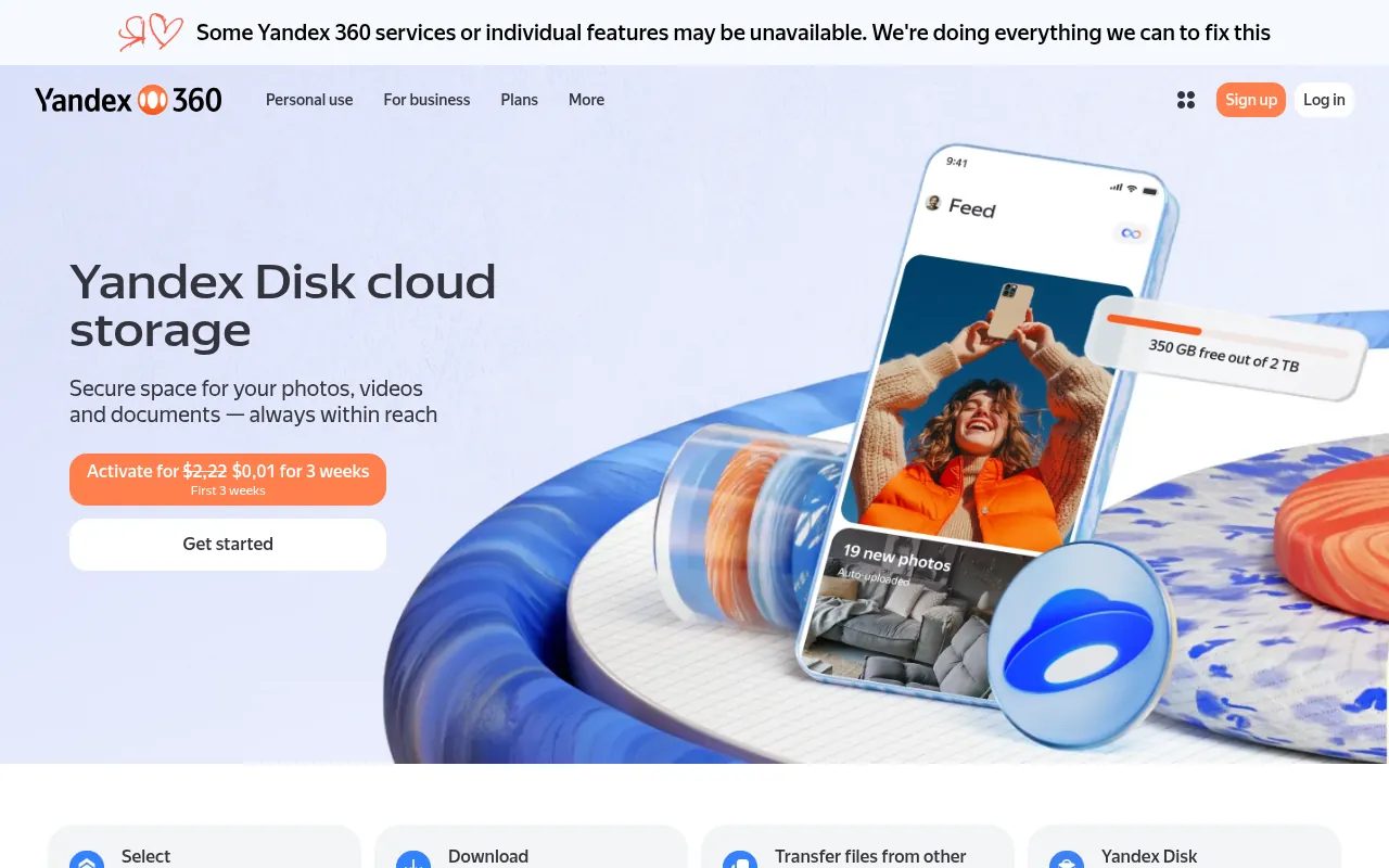 Yandex Disk official page, cloud storage with 5 GB free