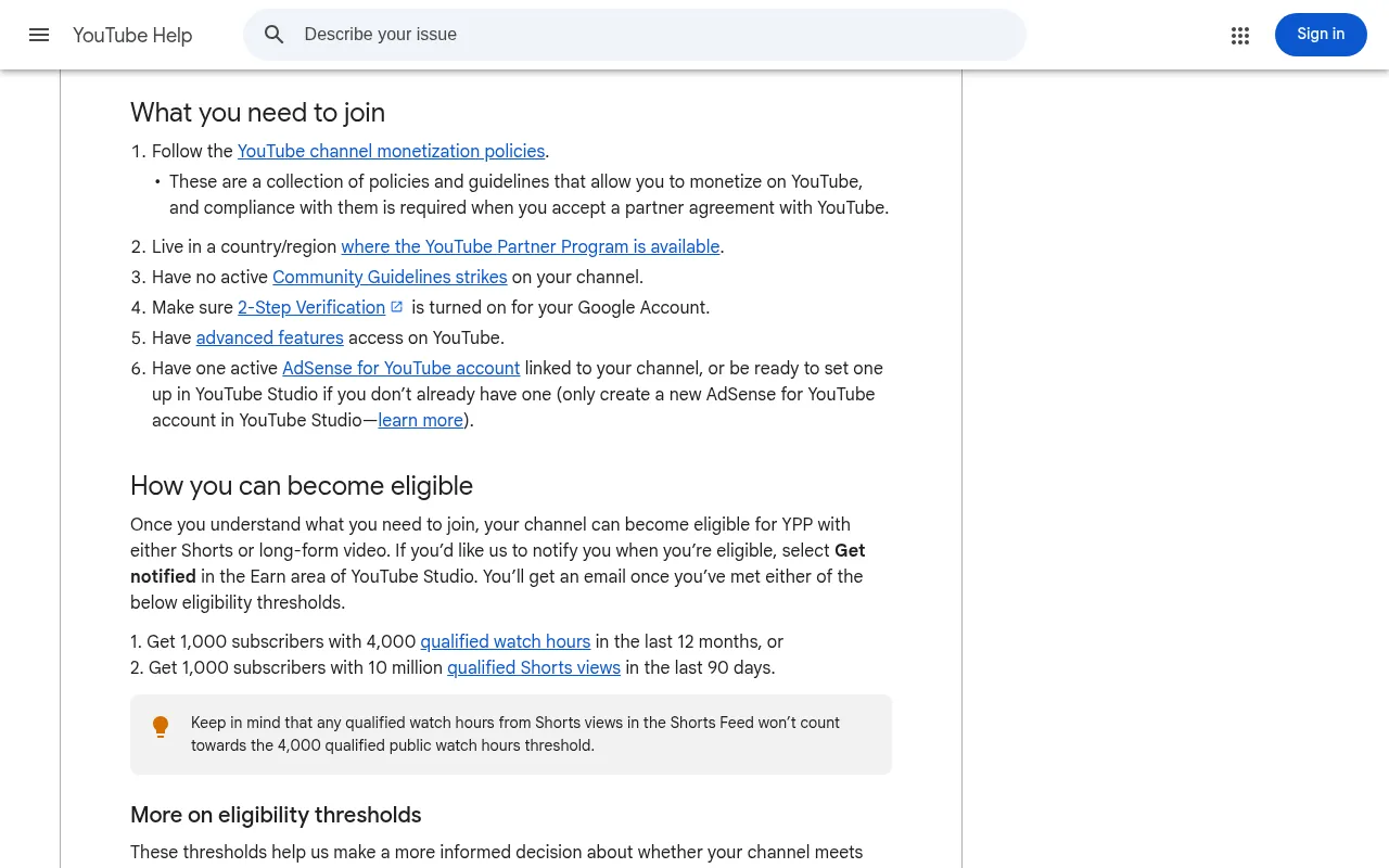 YouTube Partner Program official Shorts eligibility requirements