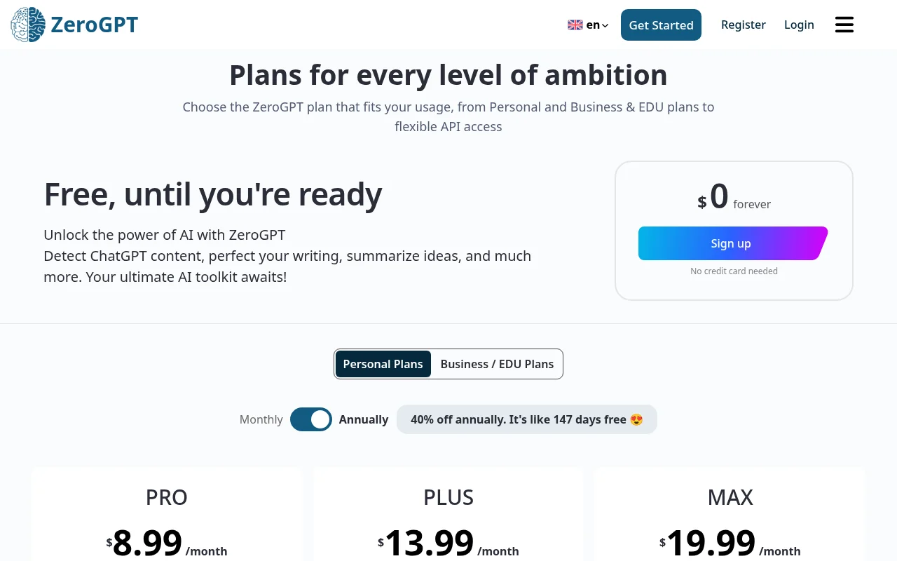 ZeroGPT official pricing page with Pro, Plus and Max plans