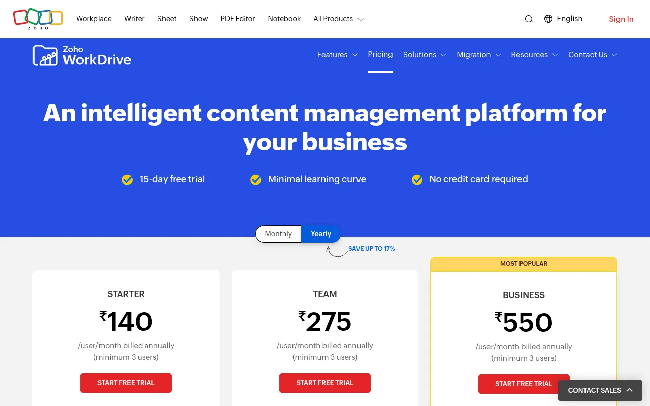 Zoho WorkDrive pricing page with the free plan and team plans