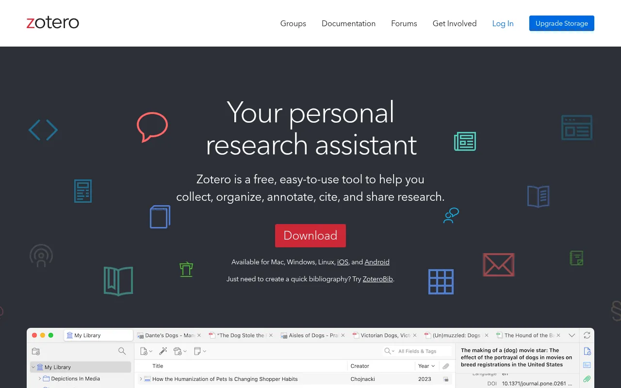 Zotero official homepage, a free tool to collect, organise and cite research